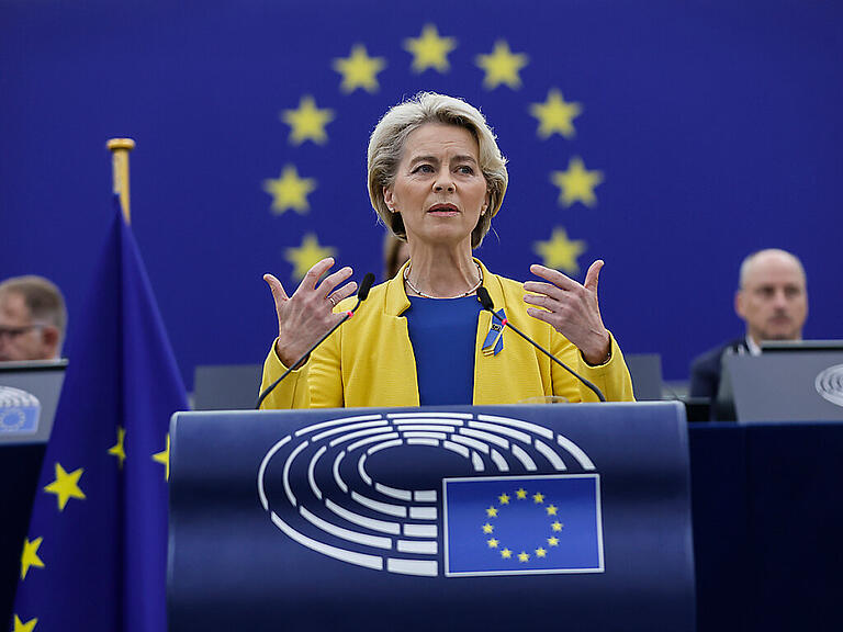 Ursula von der Leyen (CDU), Präsidentin der Europäischen Kommission, gestikuliert, während sie im Europäischen Parlament in Straßburg über die Ukraine spricht. Foto: Jean-Francois Badias/AP/dpa